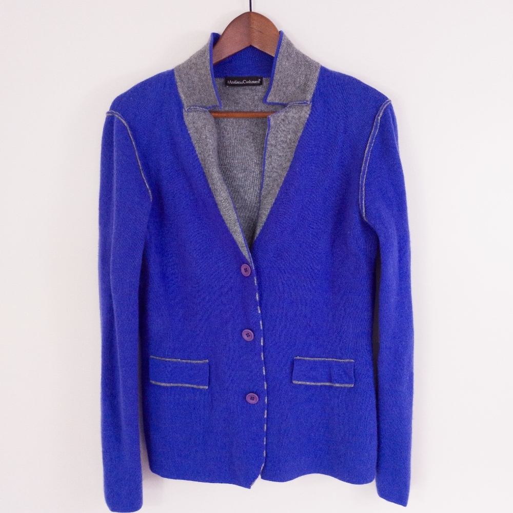 L'Atelier del Cashmere Italy Wool Blend Blazer Cardigan Jacket Cobalt Blue M